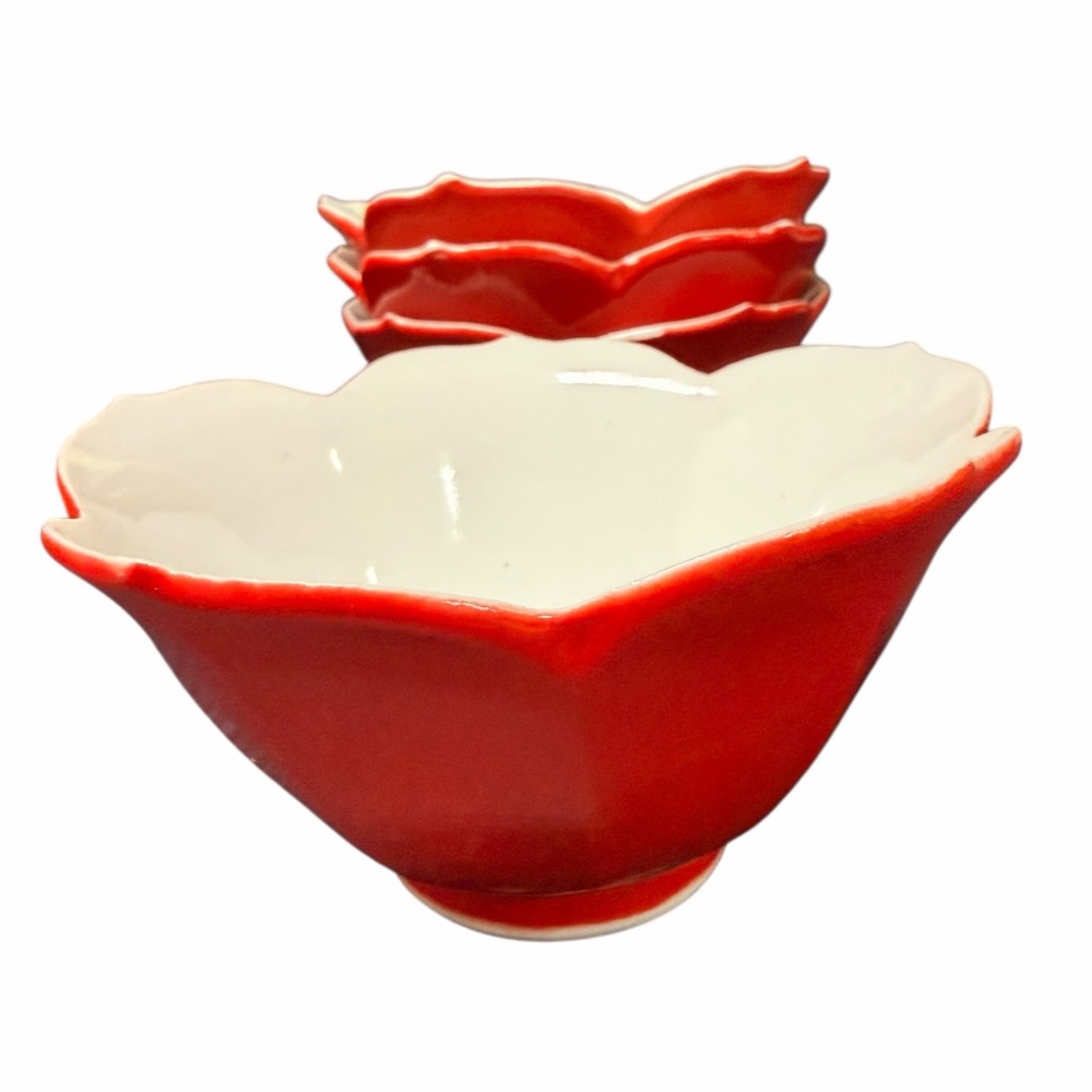 Red Ceramic Flower Bowls - Set of 4   4.5‎ inches round